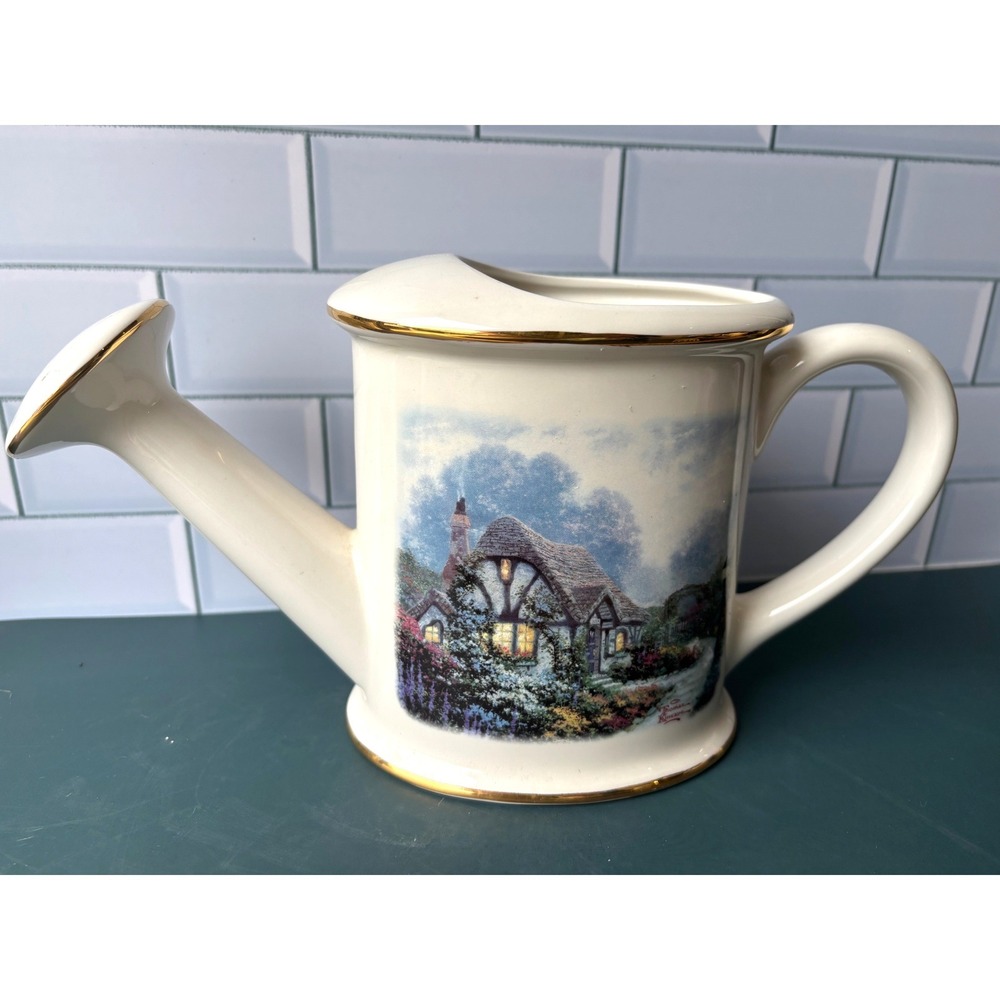 Thomas Kinkade Teleflora Chandlers Cottage Ceramic Watering Pot Gold Trim 2004